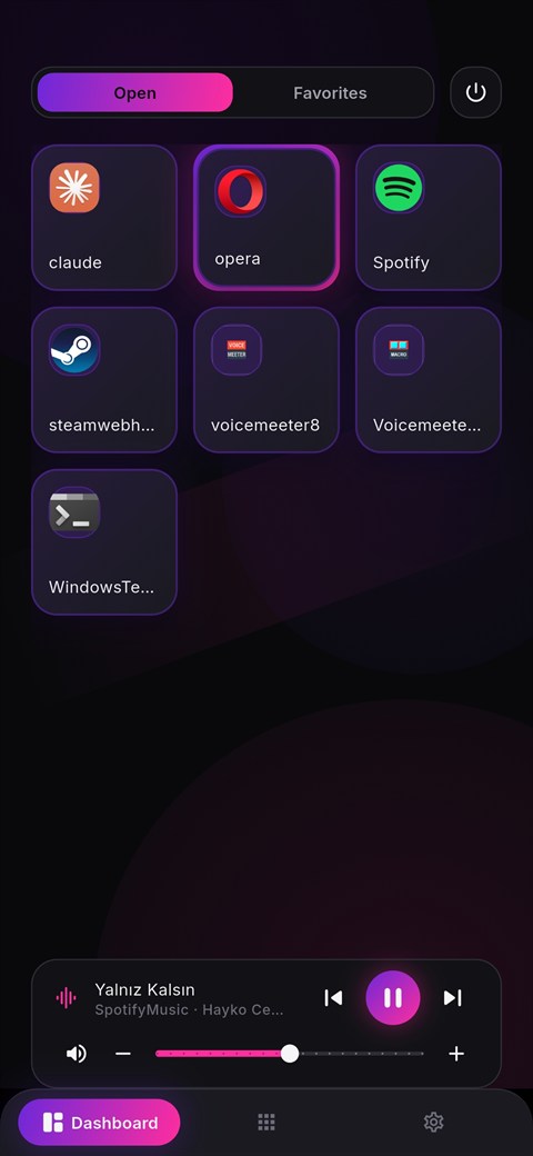 LanqDeck Open tab — live grid of open PC apps with a now-playing media bar